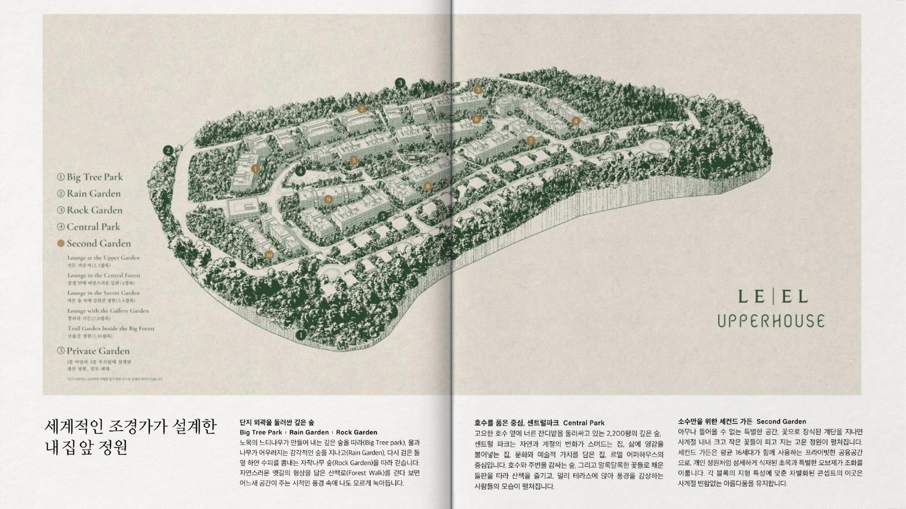 르엘 어퍼하우스 조경 계획도 — 빅 트리 파크, 레인 가든, 록 가든, 센트럴 파크, 세컨드 가든, 프라이빗 가든