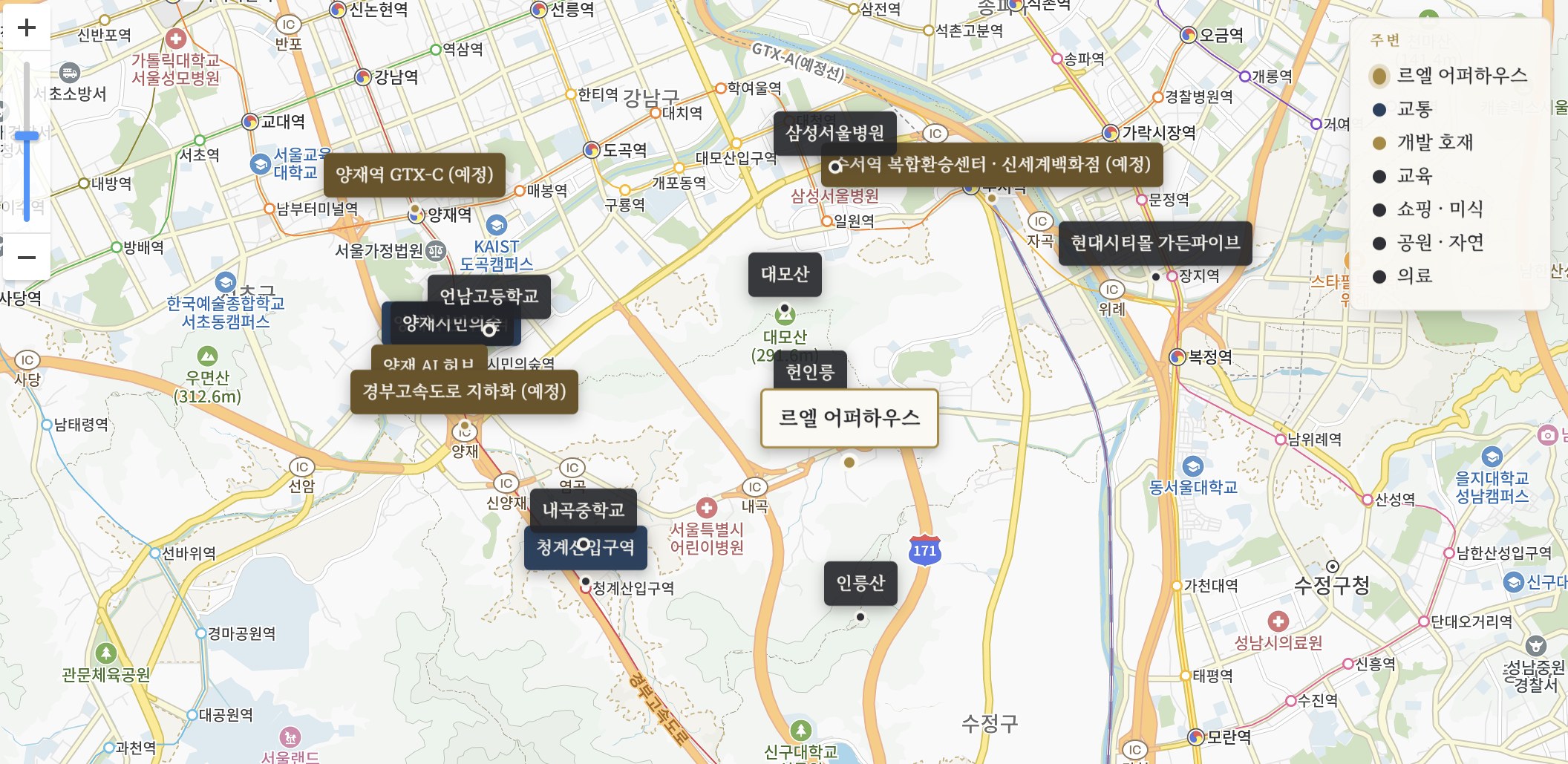 르엘 어퍼하우스 현장 위치 지도 — 교통·개발 호재·교육·의료 시설 표시