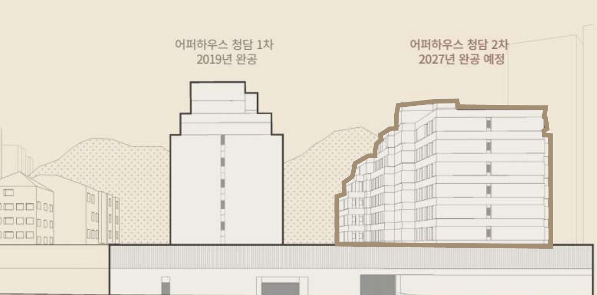 어퍼하우스 청담 1차(2019년 완공)와 2차(2027년 완공 예정) 입면 비교